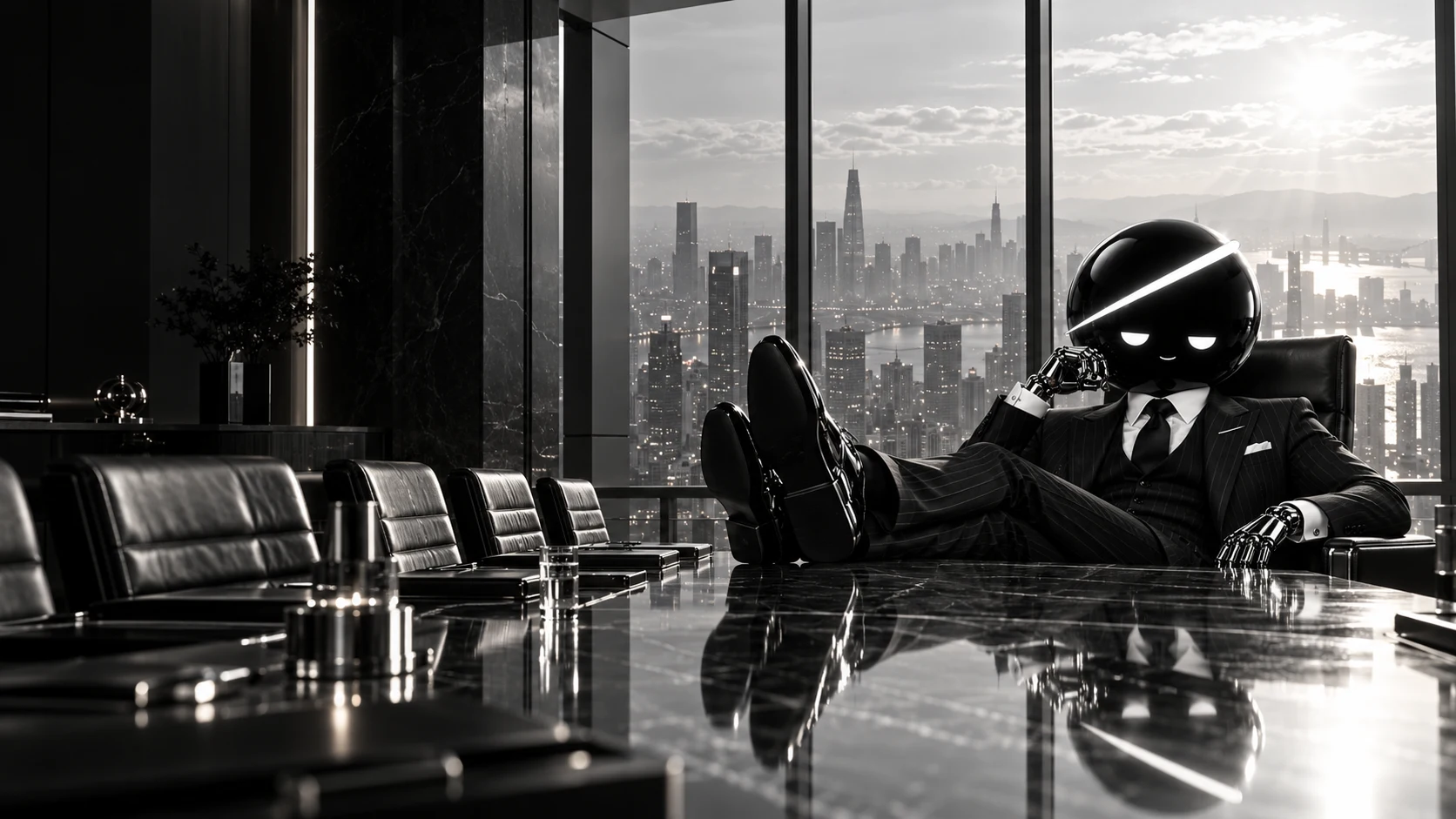 Chief lounging at the head of a skyscraper boardroom table