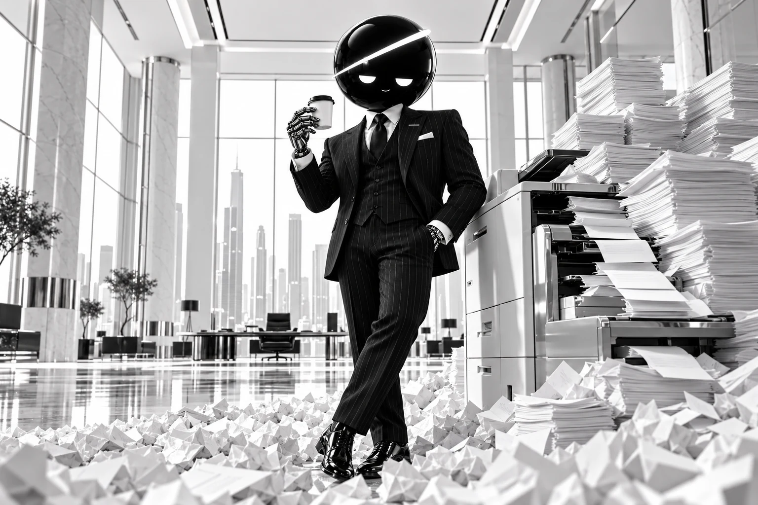 Chief sipping coffee beside a photocopier and a mountain of paperwork